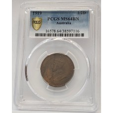 AUSTRALIA 1919 . HALF 1/2 PENNY . PCGS MS64BN